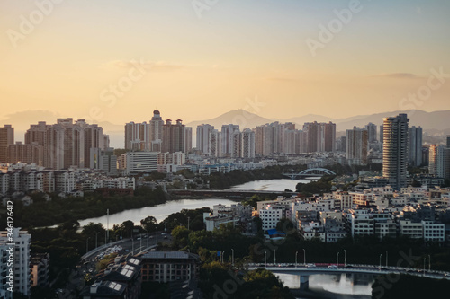 Cityscape at sunset in the city of Sanya. Hainan island