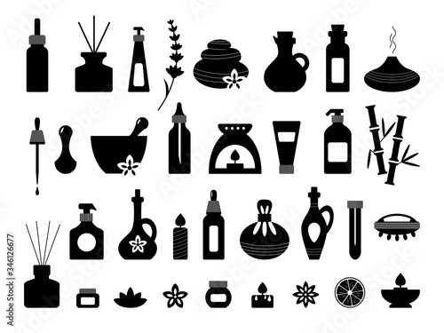 Aromatherapy essential oil silhouettes spa vector set