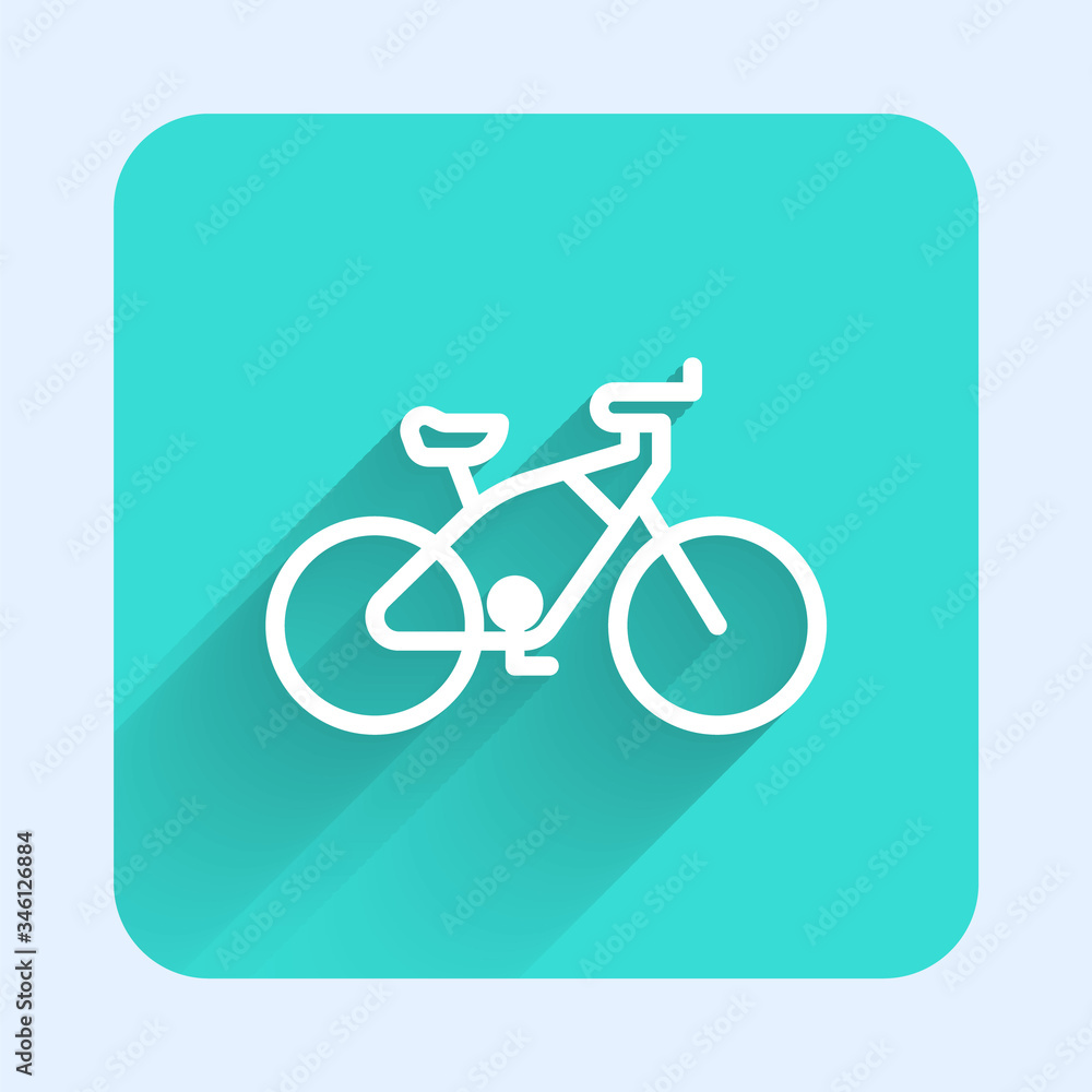 White line Bicycle icon isolated with long shadow. Bike race. Extreme sport. Sport equipment. Green square button. Vector Illustration White line Bicycle icon isolated with long shadow. Bike race. Extreme sport. Sport equipment. Green square button. Vector Illustration