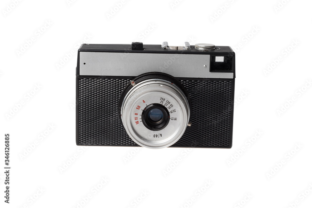 Old vintage photo camera using film strip, isolated on white background