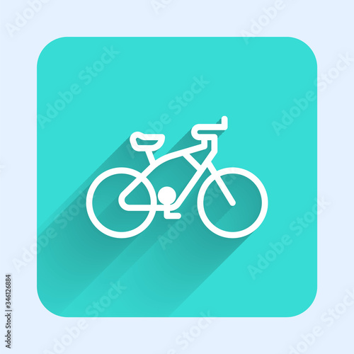 White line Bicycle icon isolated with long shadow. Bike race. Extreme sport. Sport equipment. Green square button. Vector Illustration