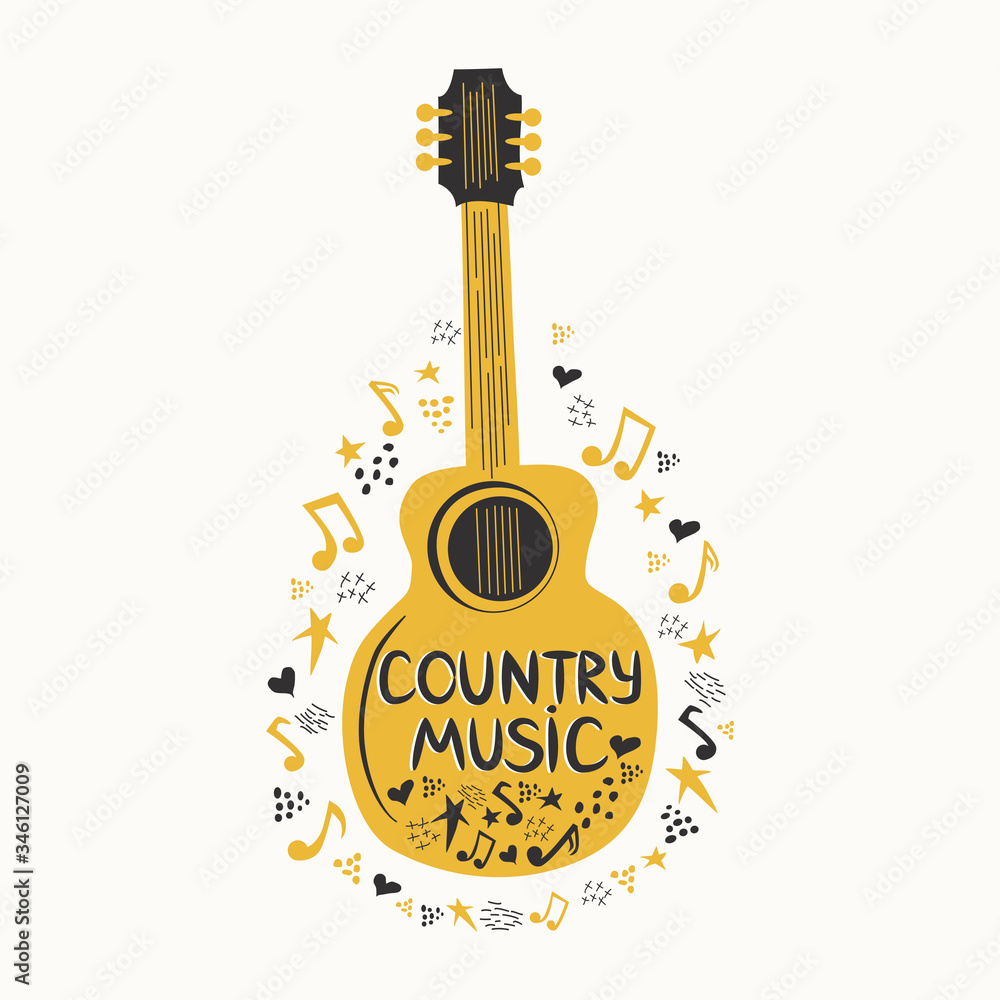 Fototapeta Gitara akustyczna otoczona nutami, napis Love Music, Country Music. Country Cowboy Music Festival Kreatywne wydarzenie na żywo Koncepcja plakatu na żywo