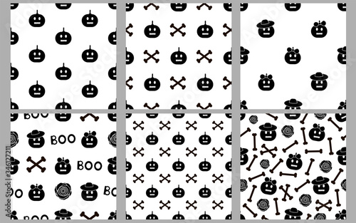 Seamless patterns with black pumpkins. Set.