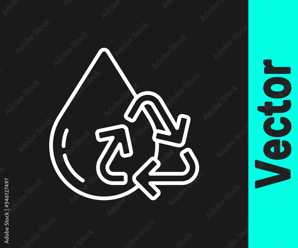 White line Recycle clean aqua icon isolated on black background. Drop of water with sign recycling. Vector Illustration White line Recycle clean aqua icon isolated on black background. Drop of water with sign recycling. Vector Illustration