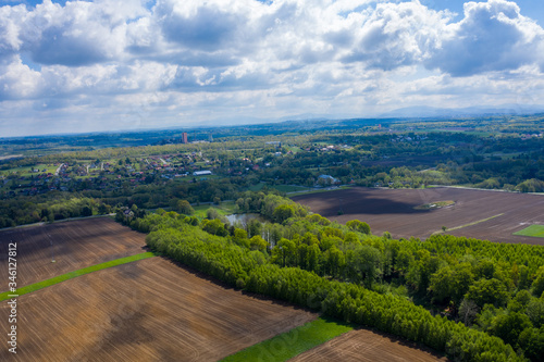 aerial view of Stonava village in Czech in spring  with beautiful sky