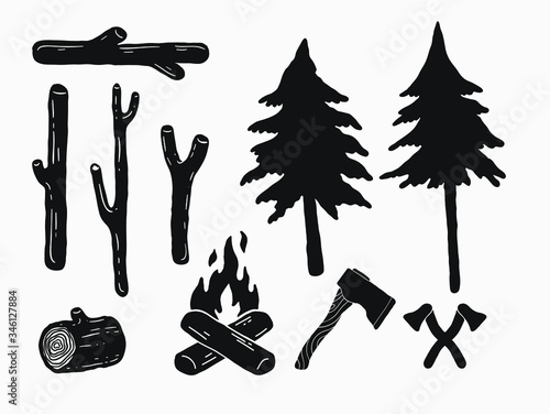 hand drawn vintage rustic woods icons. pine trees, camp fire, crossed axes simple logo silhouette lumberjack elements for retro graphic design. wild nature, camping, forest life illustrations