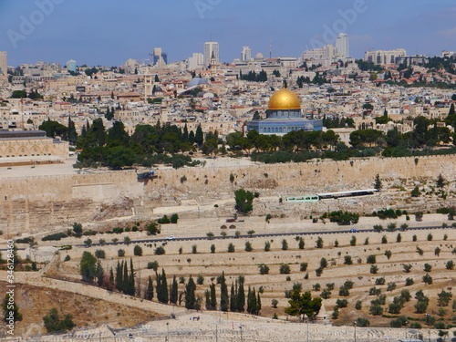 panoramic view from Mount of Olives to Al-Aqsa Mosque in the old town of Jerusalem on a sunny day, Israel, Near East