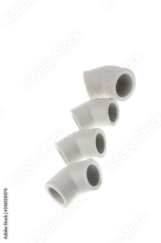 Set of different plastic PPR elbow fitting for water pipes, isolated on white background