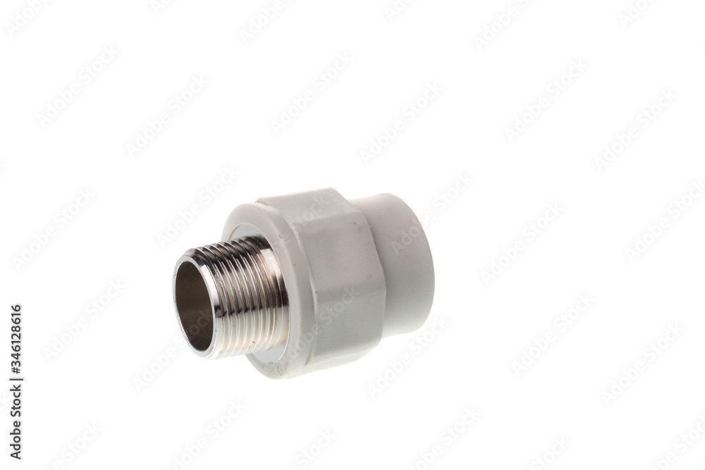 Plastic PPR straight metal male thread fitting for water pipes, isolated on white background Plastic PPR straight metal male thread fitting for water pipes, isolated on white background
