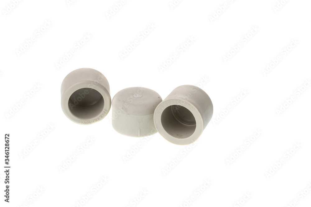 Set of plastic PPR female cap end fitting for water pipes, isolated on white background Set of plastic PPR female cap end fitting for water pipes, isolated on white background