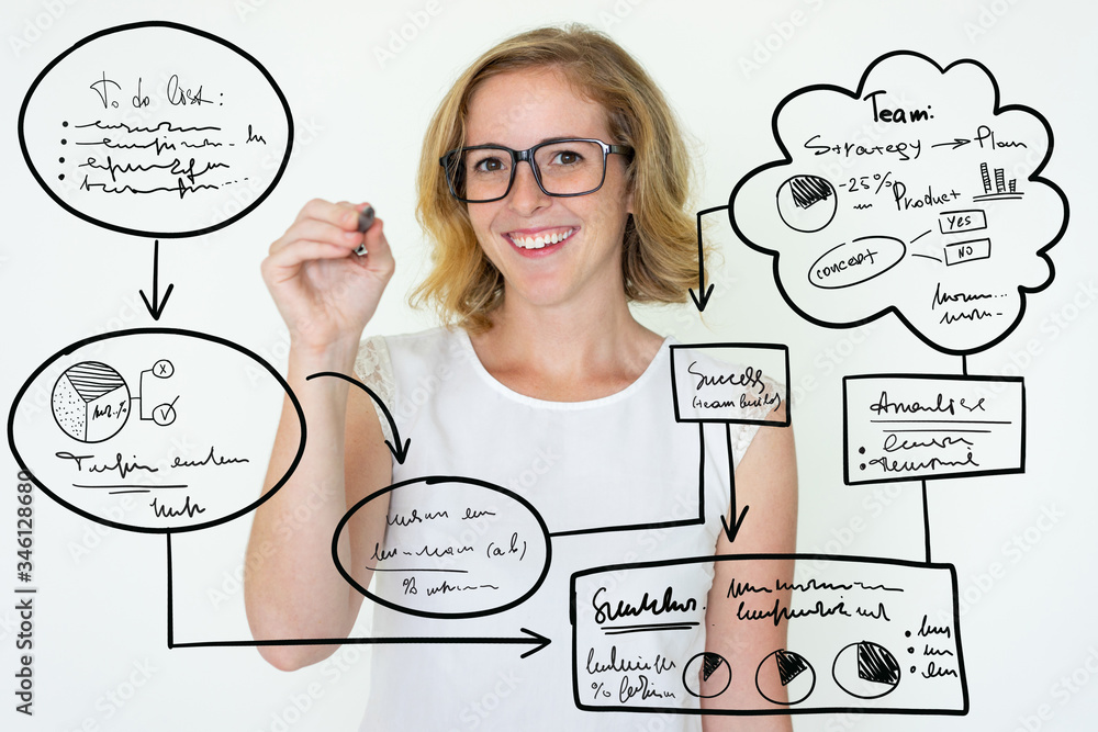 Happy young woman writing virtual flowchart in air. Pretty lady wearing glasses and giving lecture. Presentation concept. Isolated front view on white background. Happy young woman writing virtual flowchart in air. Pretty lady wearing glasses and giving lecture. Presentation concept. Isolated front view on white background.