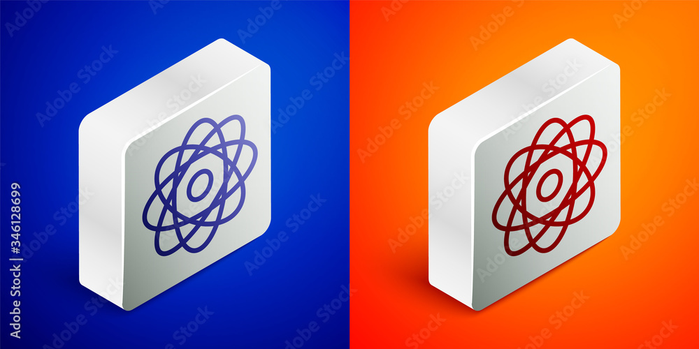 Isometric line Atom icon isolated on blue and orange background. Symbol of science, education, nuclear physics, scientific research. Silver square button. Vector Illustration