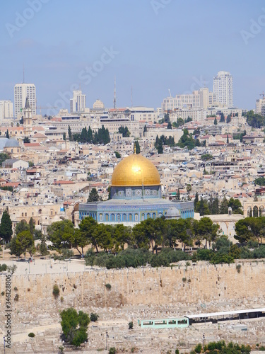 panoramic view from Mount of Olives to Al-Aqsa Mosque in the old town of Jerusalem on a sunny day, Israel, Near East