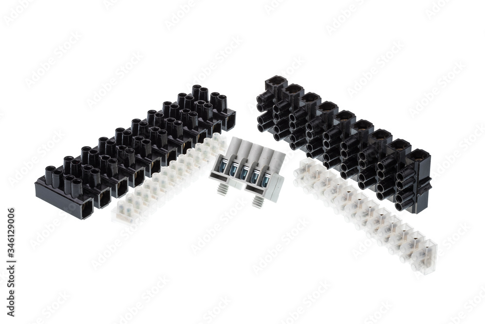 Set of transparent, gray and black plastic electrical terminal block, isolated on white background Set of transparent, gray and black plastic electrical terminal block, isolated on white background