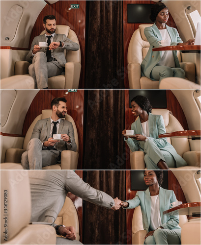 collage of two multicultural businesspeople traveling in plane, drinking coffee and shaking hands