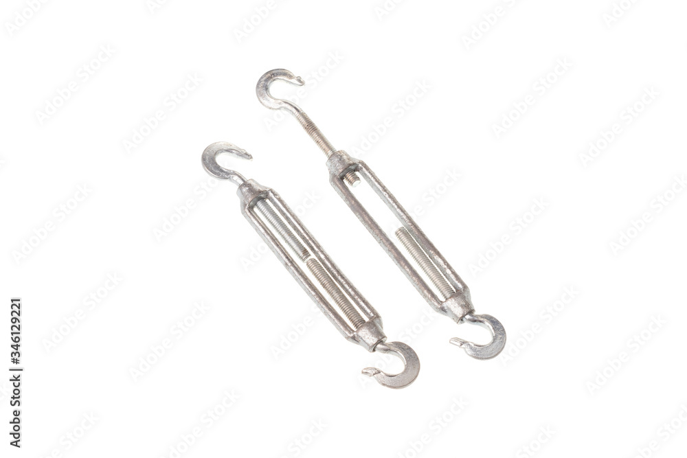 Set of steel hook turnbuckles in open and closed position, isolated on white background