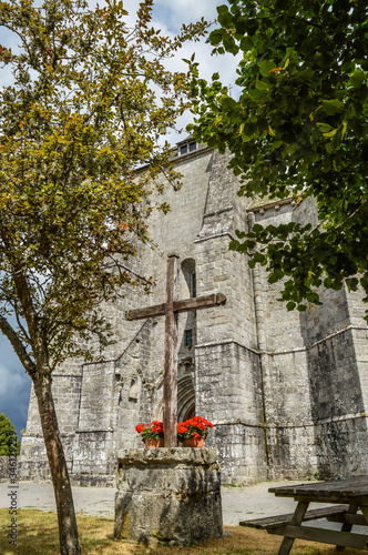 Front view of the fortified monastery of Saint-Michel des Anges at Saint-Angel, France. 