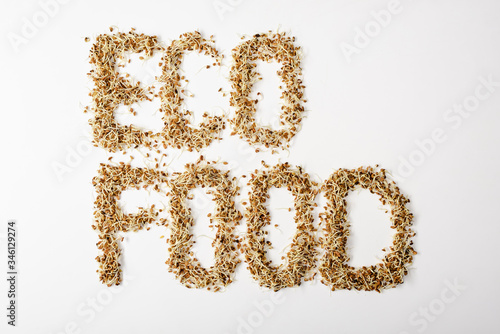top view of eco food lettering made of sprouts on white background