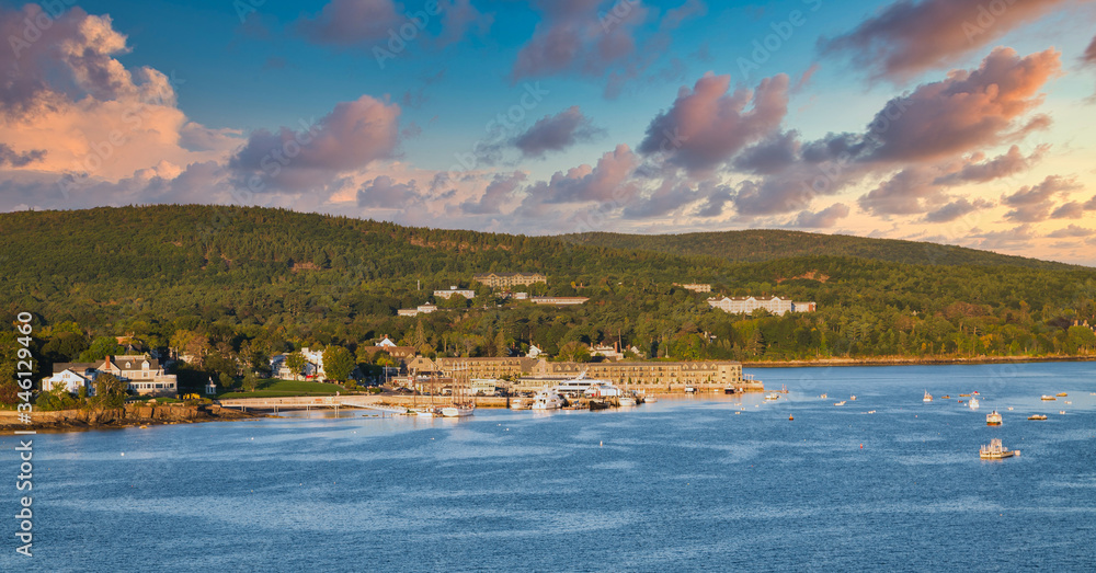View of Bar Harbor from the sea in early morning light