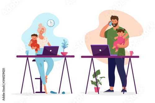 Stay at home. The concept of remote work from home to protect against coronavirus, freelance, business and family. A man and a woman are engaged in work and take care of their children. 