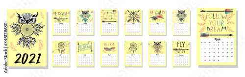 Colorful cute monthly boho calendar 2021 with dream catchers, boho owls, arrows, feathers, inspirational inscriptions.