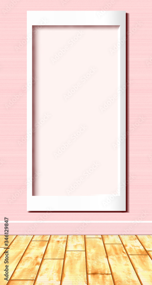 Vertical white 3D frame mock up on wooden floor with pink wall Vertical white 3D frame mock up on wooden floor with pink wall