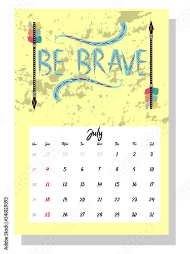 Colorful cute monthly boho calendar 2021 with dream catchers, boho owls, arrows, feathers, inspirational inscriptions.