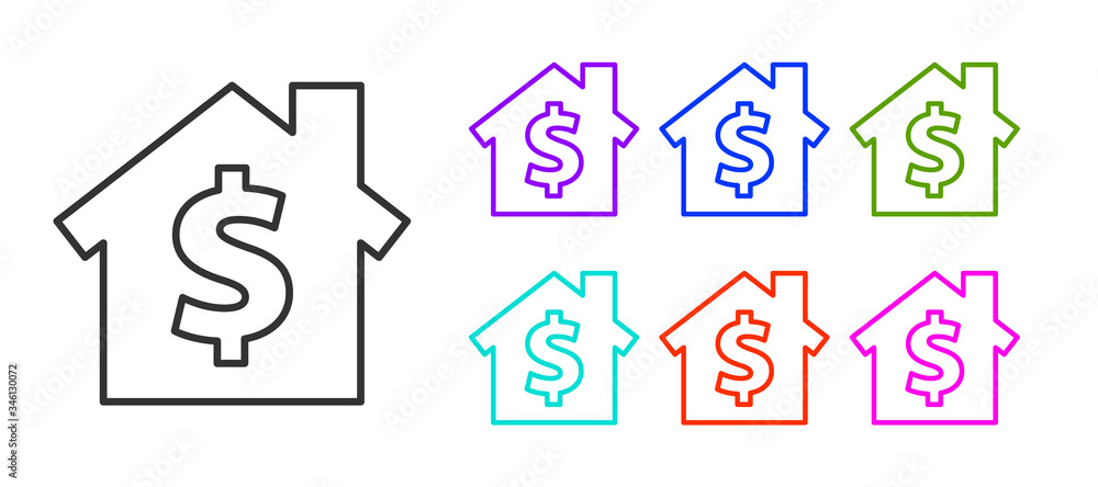Black line House with dollar symbol icon isolated on white background. Home and money. Real estate concept. Set icons colorful. Vector Illustration Black line House with dollar symbol icon isolated on white background. Home and money. Real estate concept. Set icons colorful. Vector Illustration