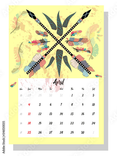 Colorful cute monthly boho calendar 2021 with dream catchers, boho owls, arrows, feathers, inspirational inscriptions.