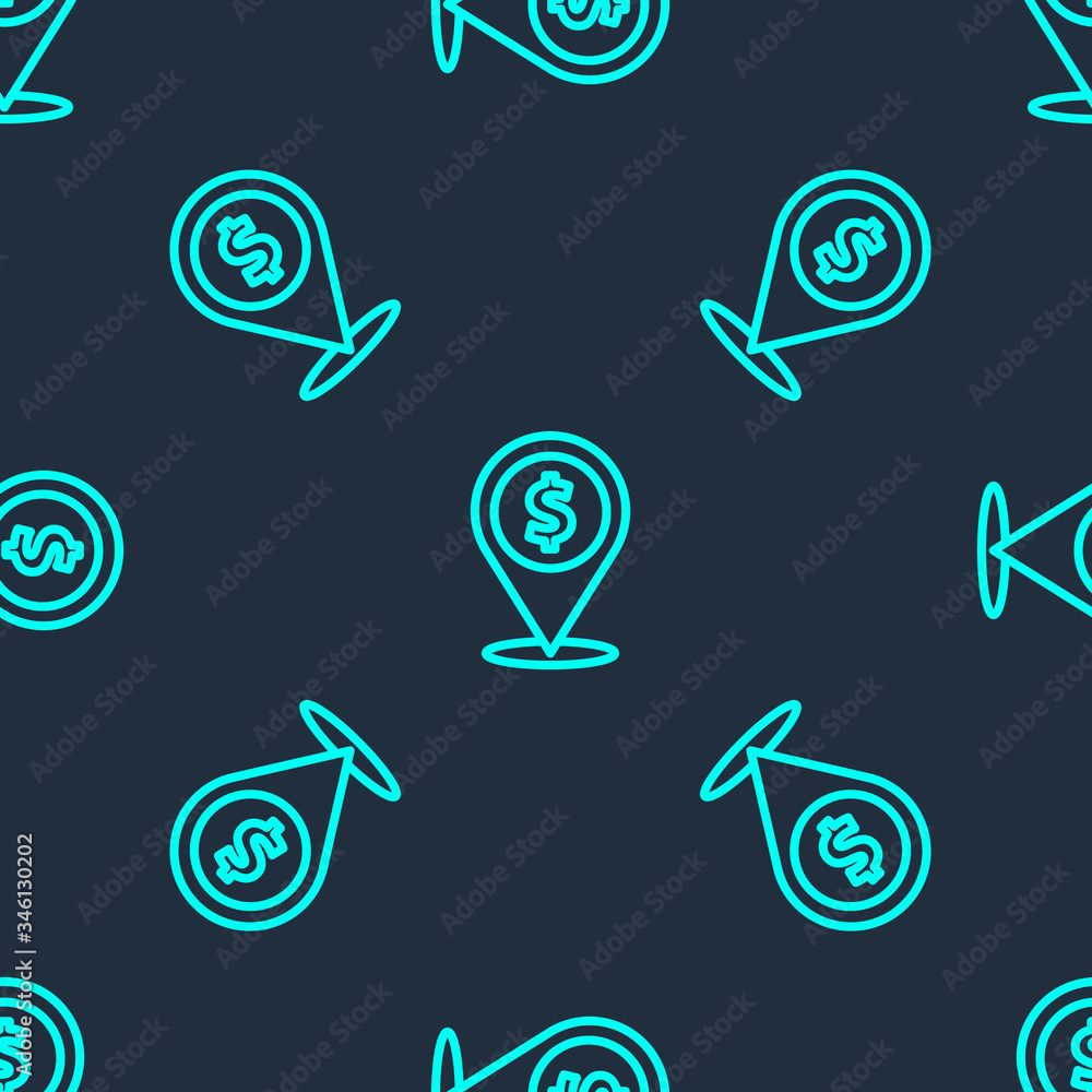 Green line Cash location pin icon isolated seamless pattern on blue background. Pointer and dollar symbol. Money location. Business and investment concept. Vector Illustration Green line Cash location pin icon isolated seamless pattern on blue background. Pointer and dollar symbol. Money location. Business and investment concept. Vector Illustration