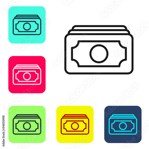 Black line Stacks paper money cash icon isolated on white background. Money banknotes stacks. Bill currency. Set icons in color square buttons. Vector Illustration