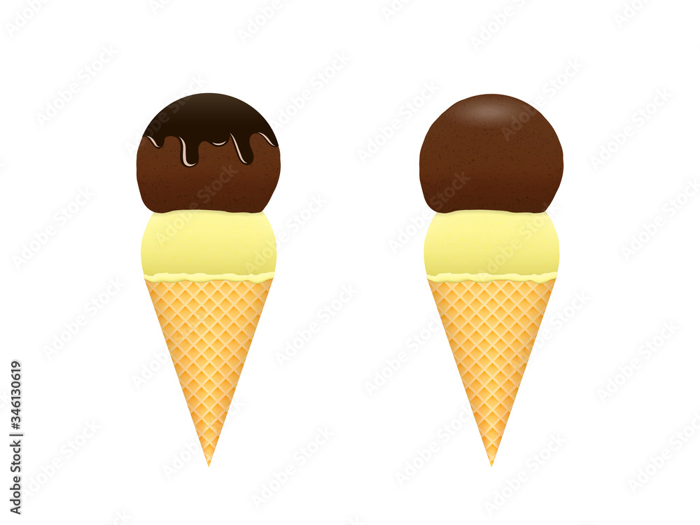 Ice cream on white isolated background. Vanilla and chocolate scoop in a sweet waffle cones. With and without chocolate dressing.