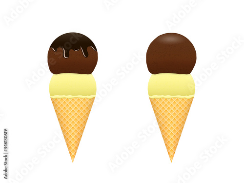 Ice cream on white isolated background. Vanilla and chocolate scoop in a sweet waffle cones. With and without chocolate dressing. photo