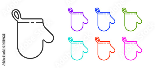 Black line Oven glove icon isolated on white background. Kitchen potholder sign. Cooking glove. Set icons colorful. Vector Illustration
