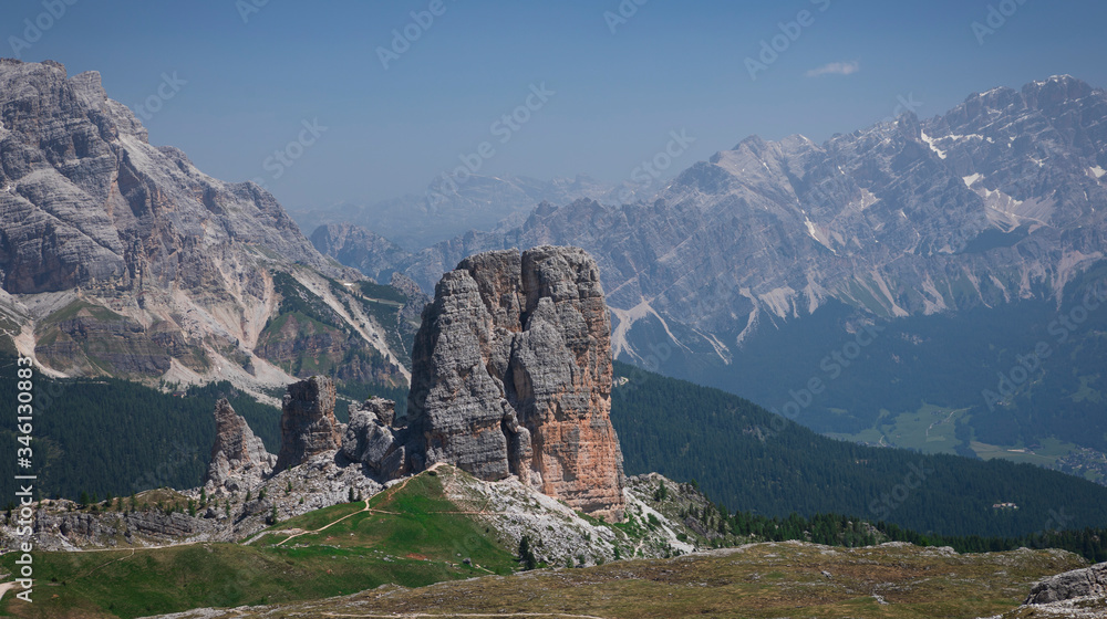 Obraz premium Mountain peaks and panorama of Cinque Torri in the Dolomite Alps in summer, South Tyrol Italy.