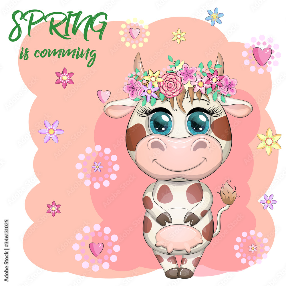 A cute cartoon couple of cow and bull in flowers with beautiful big eyes. Symbol of the year 2021 according to the Chinese calendar. Children's illustration A cute cartoon couple of cow and bull in flowers with beautiful big eyes. Symbol of the year 2021 according to the Chinese calendar. Children's illustration