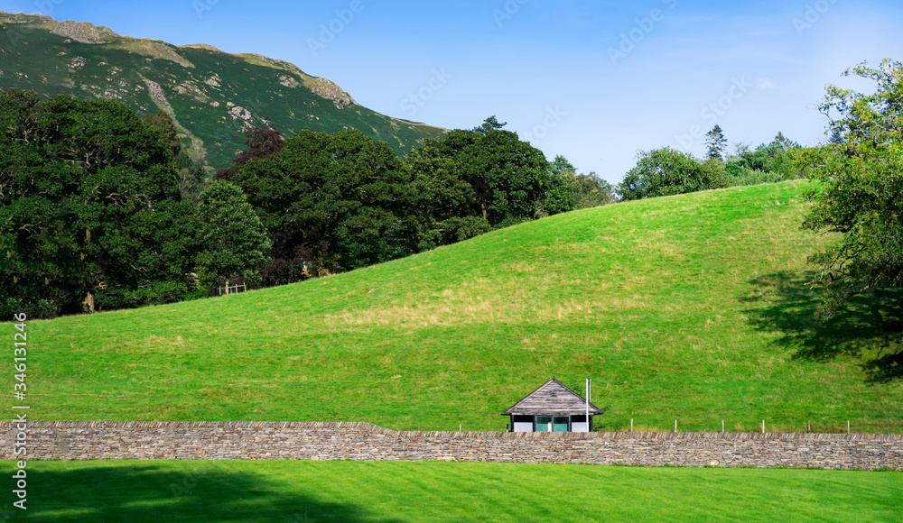 Panoramic landscape of grass field on hill with green forest trees and clear blue sky in Spring and Summer.