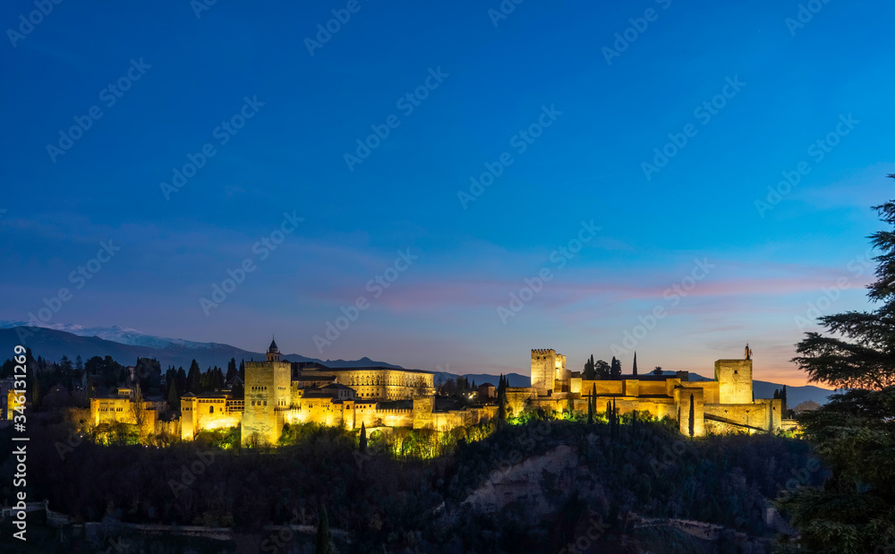 After sunset the fortress and arabic palace complex of Alhambra, Spain