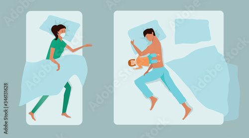 A young family sleeps separately in different beds. Father with daughter on parental bed, mother - doctor lies in a separate bed in a face mask and work clothes on. Isolation concept. View from above.