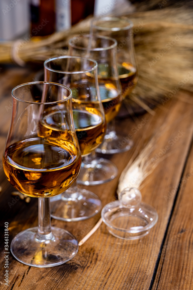 Tasting glasses with aged Scotch whisky or bourbon on old dark wooden vintage table with barley grains Tasting glasses with aged Scotch whisky or bourbon on old dark wooden vintage table with barley grains