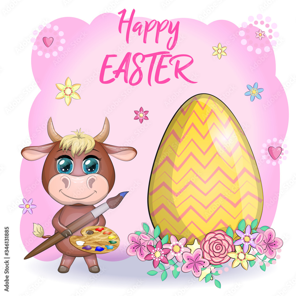 Cute cartoon cow, a bull with an Easter egg, next to a basket of eggs, symbol 2021 on the eastern calendar.