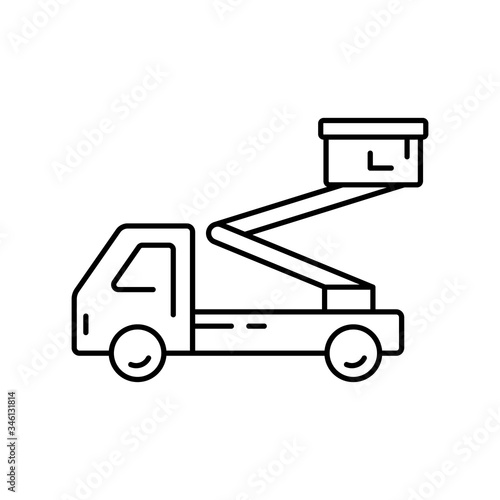 Aerial platform icon. Linear logo of truck with basket. Black simple illustration of construction special equipment. Contour isolated vector emblem on white background