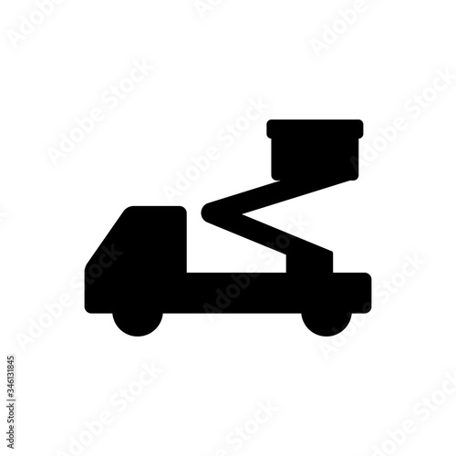 Silhouette of elevated work platform. Black illustration of hydraulic special machinery. Outline icon of aerial lift. Flat isolated vector on white background. Car shipping sign
