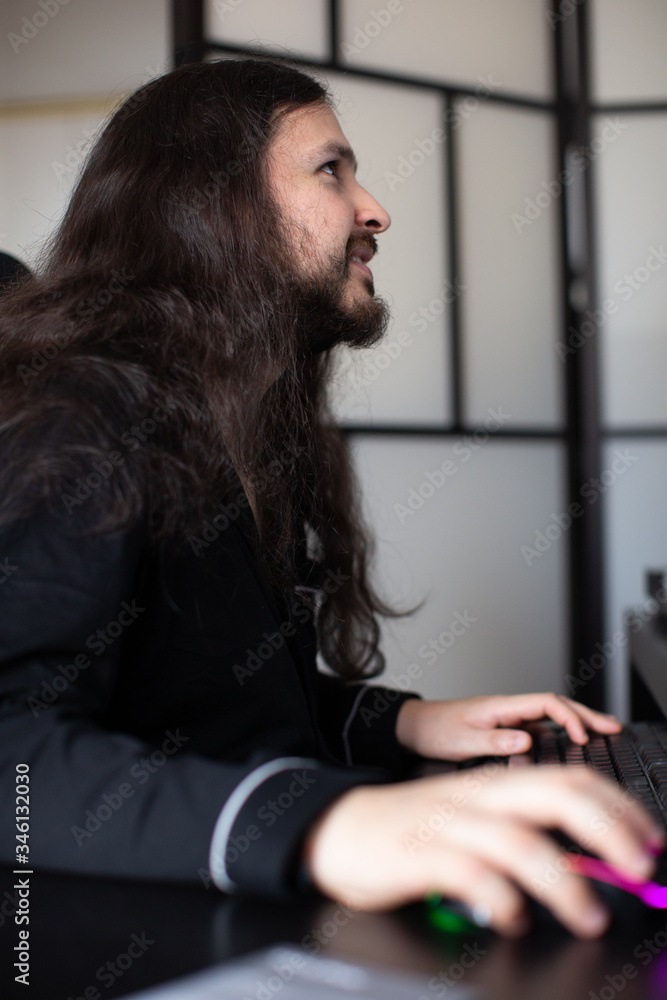 music working at home in pijama with long hair music working at home in pijama with long hair