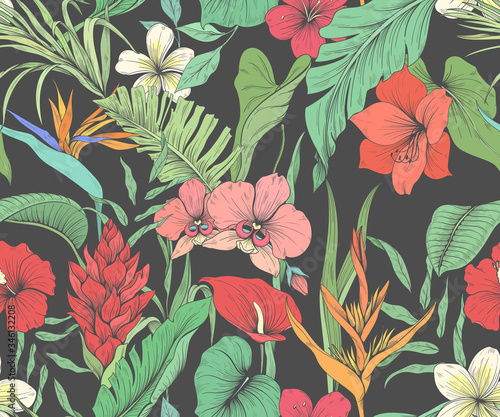 Seamless pattern with tropical flowers and palm leaves
