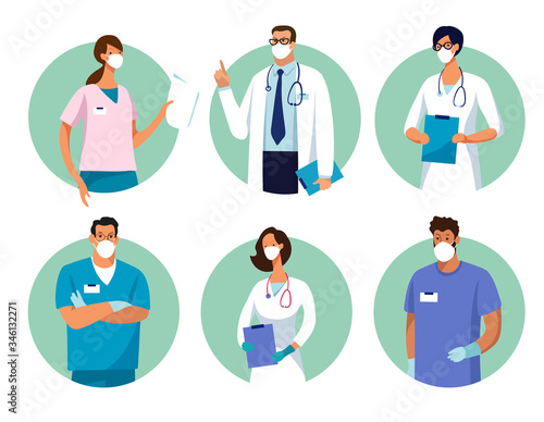 Set of male and female characters of doctors. Surgeons, doctors, nurses. Conceptual illustration, hospital medical team, poster. Vector template for design.