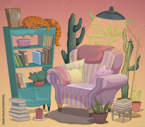 Cozy living room furniture. Armchair with  pillows and blanket, cat character lying on bookcase, lamp, plants, cacti and books. Interior of home library, reading books. Vector illustration