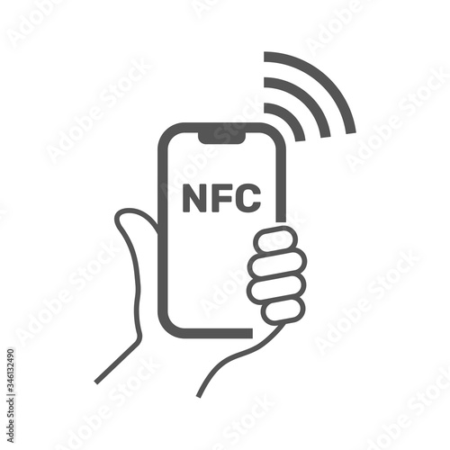 Near field communication, mobile phone with NFC module in hand, payment using smartphone, NFC vector line icon for apps and websites. Editable Stroke. EPS 10