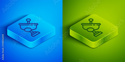 Isometric line Radar icon isolated on blue and green background. Search system. Satellite sign. Square button. Vector Illustration