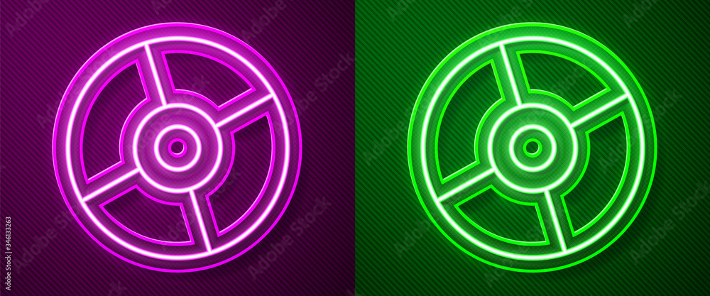 Glowing neon line CD or DVD disk icon isolated on purple and green background. Compact disc sign. Vector Illustration Glowing neon line CD or DVD disk icon isolated on purple and green background. Compact disc sign. Vector Illustration